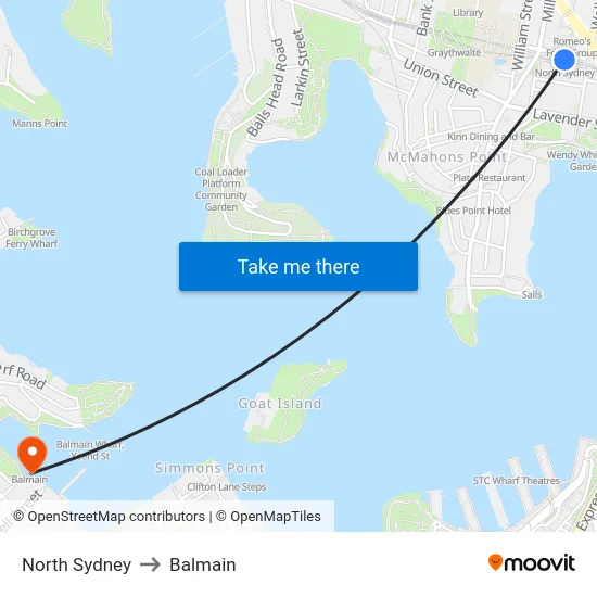 North Sydney to Balmain map
