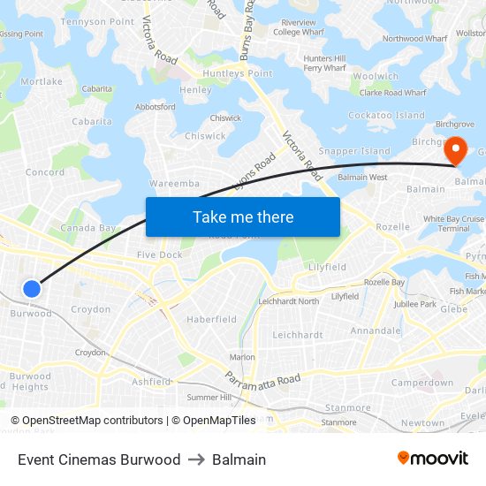 Event Cinemas Burwood to Balmain map