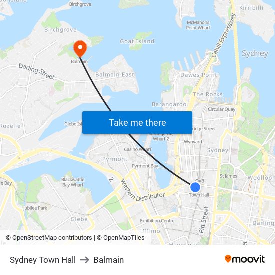 Sydney Town Hall to Balmain map