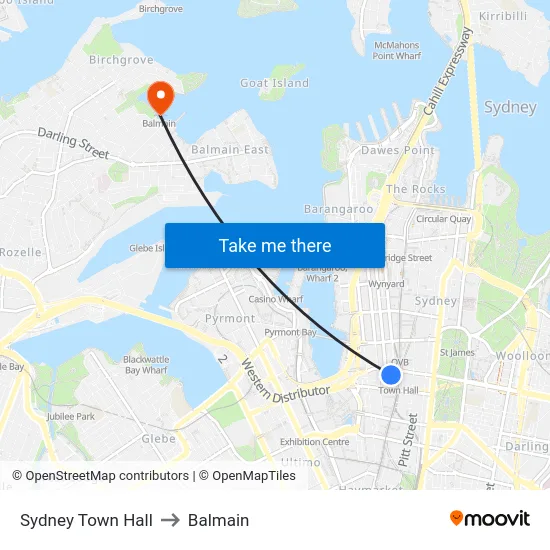 Sydney Town Hall to Balmain map