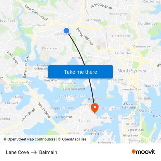 Lane Cove to Balmain map