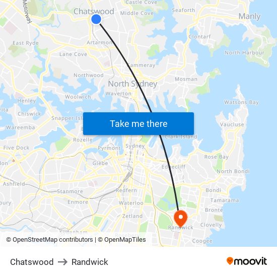 Chatswood to Randwick map