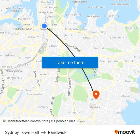 Sydney Town Hall to Randwick map