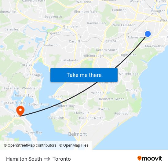 Hamilton South to Toronto map
