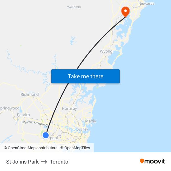 St Johns Park to Toronto map