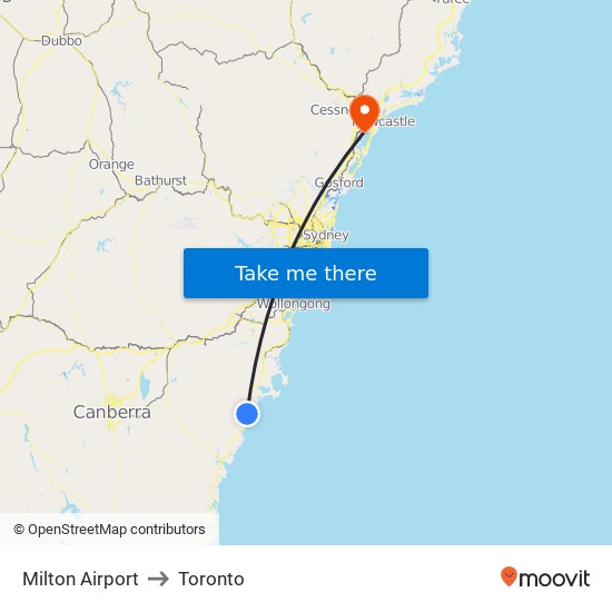Milton Airport to Toronto map