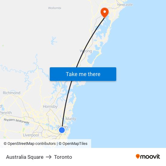 Australia Square to Toronto map