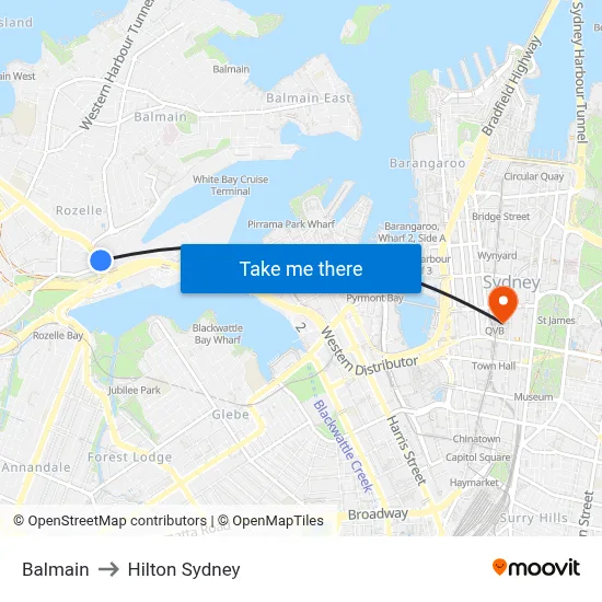 Balmain to Hilton Sydney map