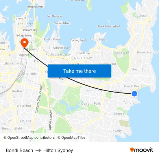 Bondi Beach to Hilton Sydney map