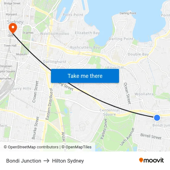 Bondi Junction to Hilton Sydney map