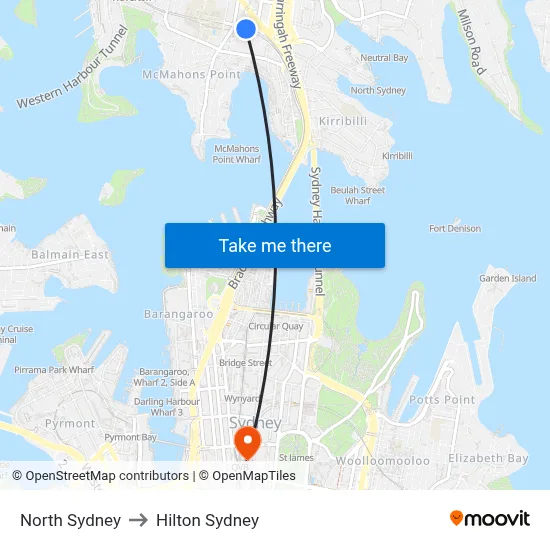 North Sydney to Hilton Sydney map