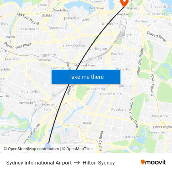 Sydney International Airport to Hilton Sydney map