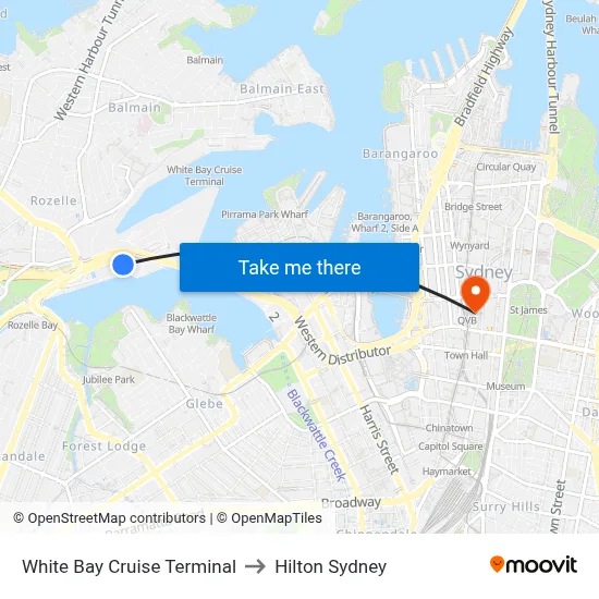 White Bay Cruise Terminal to Hilton Sydney map