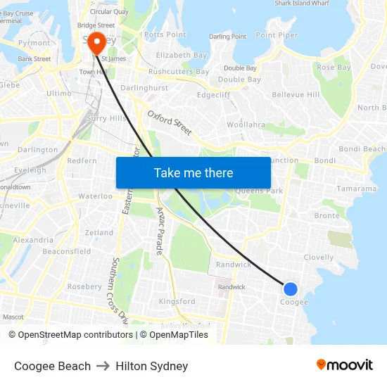 Coogee Beach to Hilton Sydney map