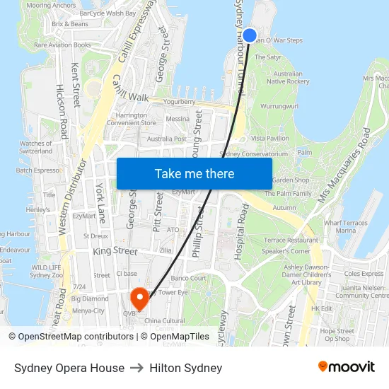 Sydney Opera House to Hilton Sydney map