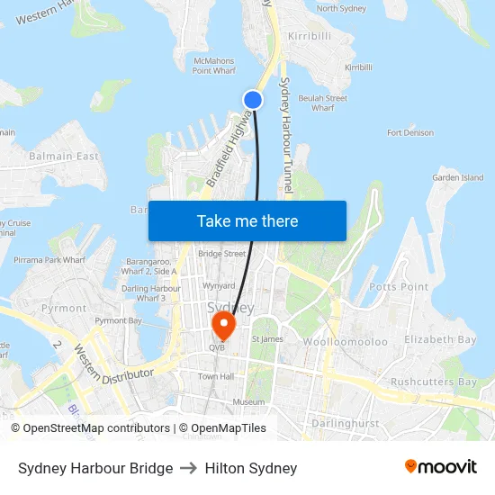 Sydney Harbour Bridge to Hilton Sydney map