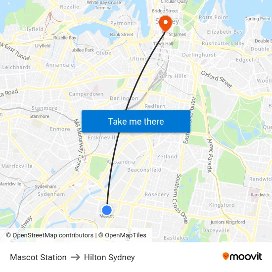 Mascot Station to Hilton Sydney map