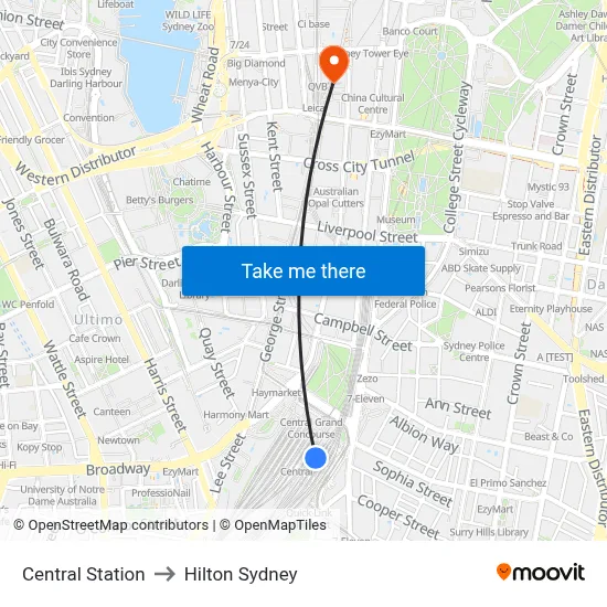 Central Station to Hilton Sydney map