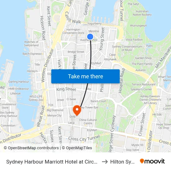 Sydney Harbour Marriott Hotel at Circular Quay to Hilton Sydney map