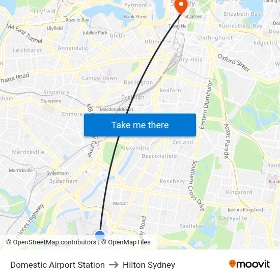 Domestic Airport Station to Hilton Sydney map