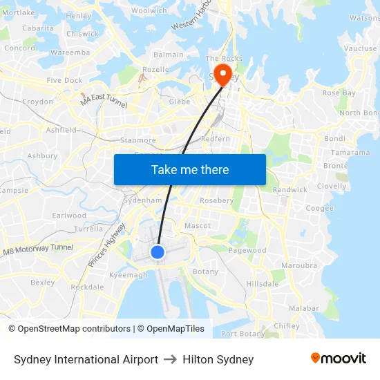 Sydney International Airport to Hilton Sydney map