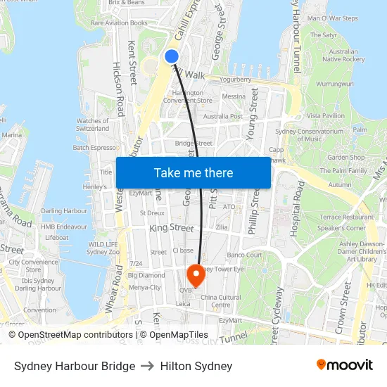 Sydney Harbour Bridge to Hilton Sydney map