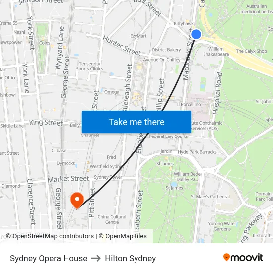 Sydney Opera House to Hilton Sydney map