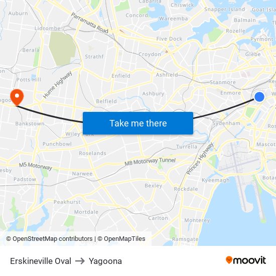 Erskineville Oval to Yagoona map