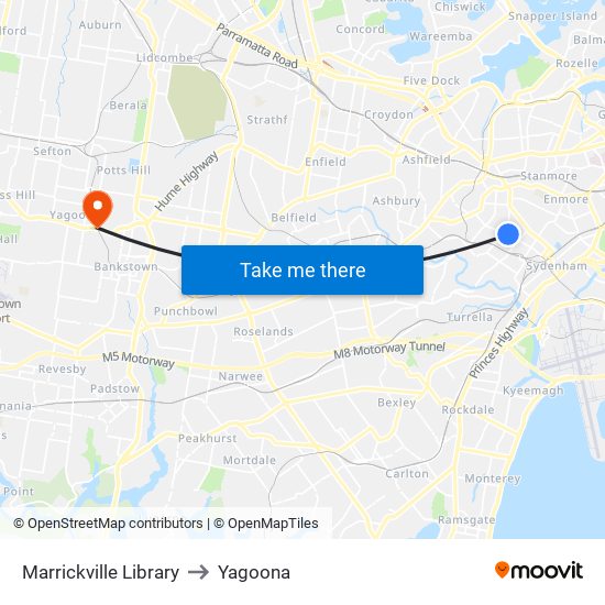 Marrickville Library to Yagoona map