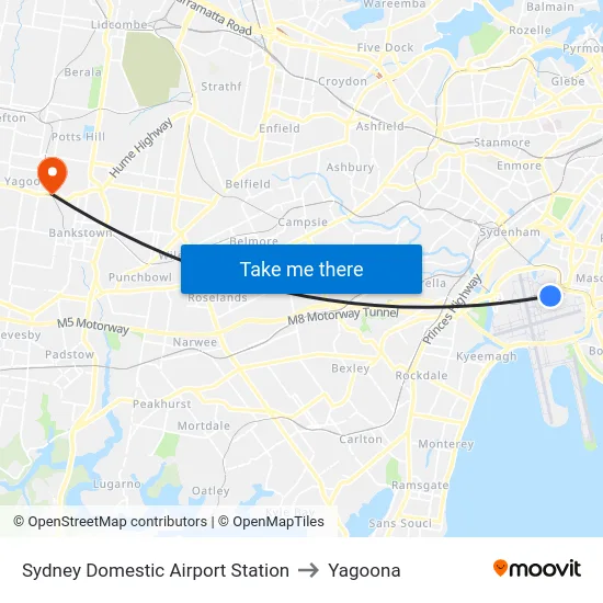 Sydney Domestic Airport Station to Yagoona map