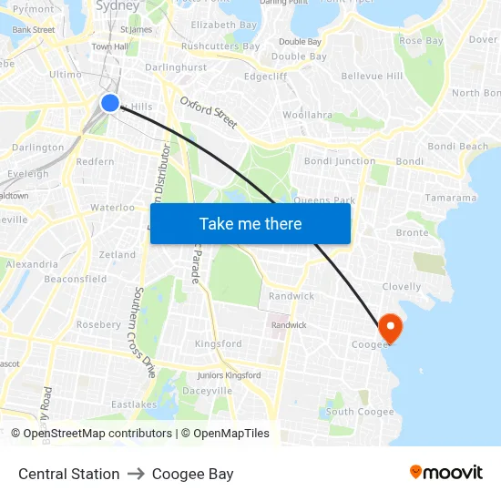 Central Station to Coogee Bay map