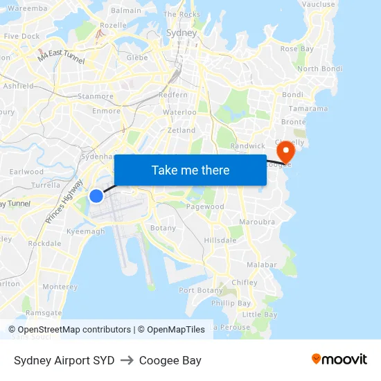 Sydney Airport SYD to Coogee Bay map
