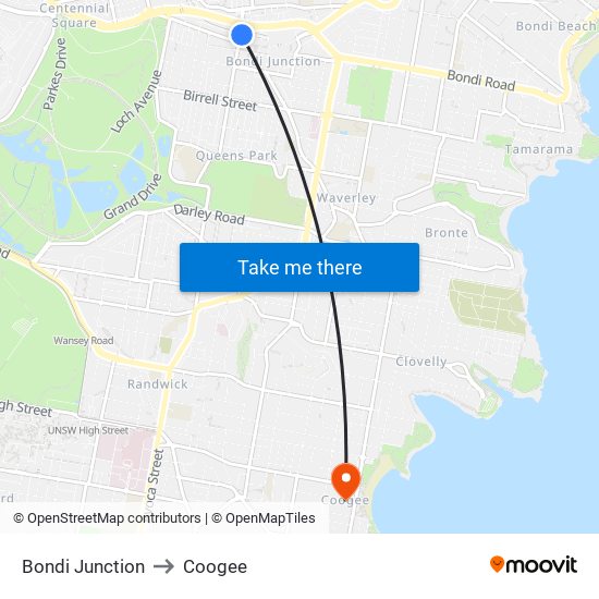 Bondi Junction to Coogee map
