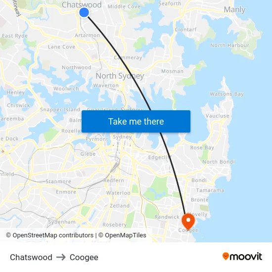 Chatswood to Coogee map