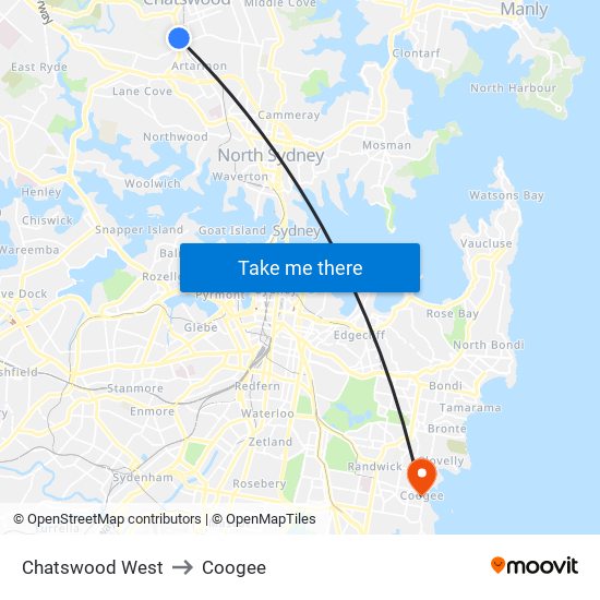 Chatswood West to Coogee map