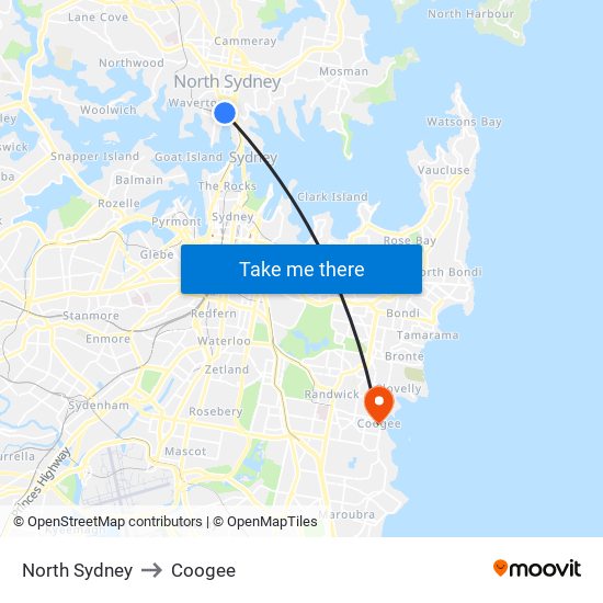 North Sydney to Coogee map