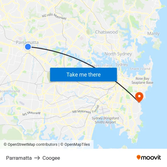 Parramatta to Coogee map