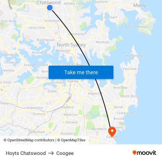 Hoyts Chatswood to Coogee map