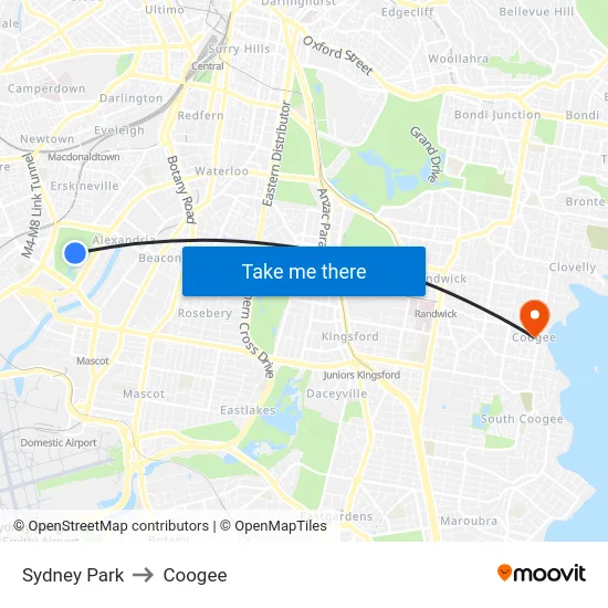 Sydney Park to Coogee map