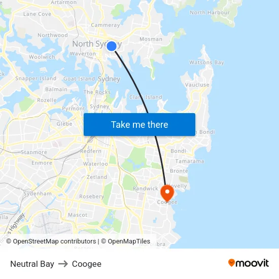Neutral Bay to Coogee map
