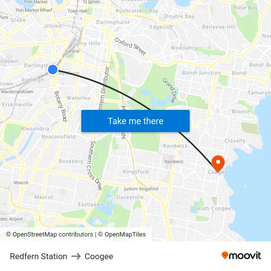 Redfern Station to Coogee map
