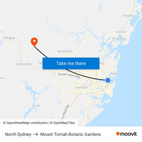 North Sydney to Mount Tomah Botanic Gardens map