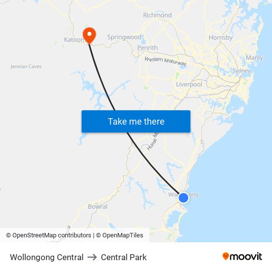 Wollongong Central to Central Park map