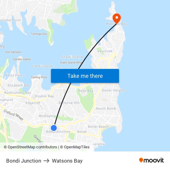 Bondi Junction to Watsons Bay map