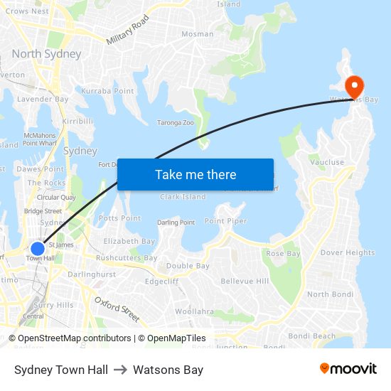 Sydney Town Hall to Watsons Bay map