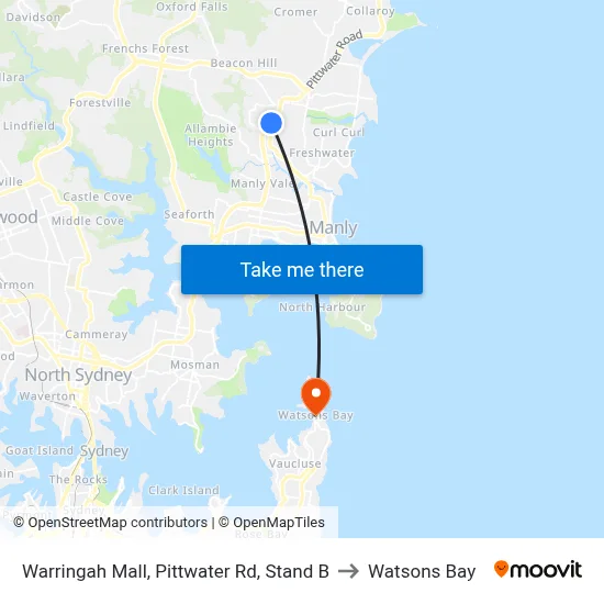 Warringah Mall, Pittwater Rd, Stand B to Watsons Bay map