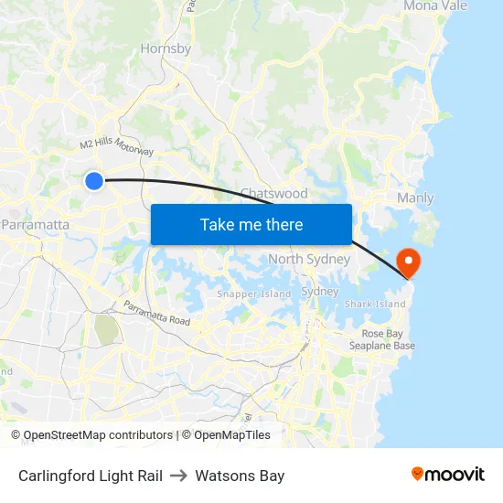 Carlingford Light Rail to Watsons Bay map