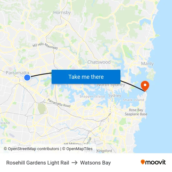 Rosehill Gardens Light Rail to Watsons Bay map
