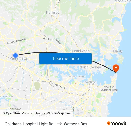 Childrens Hospital Light Rail to Watsons Bay map