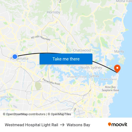 Westmead Hospital Light Rail to Watsons Bay map